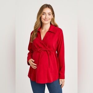 Motherhood Maternity Top V-neck Long Sleeve Belted Red L